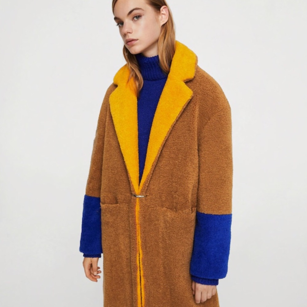 WORN ONCE Mango Colorblock Faux Fur Teddy Coat